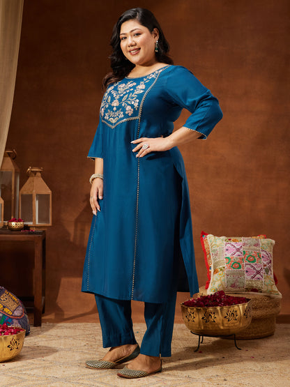 Janasya Women's Plus Size Teal Chanderi Silk Embroidered Straight Kurta Set
