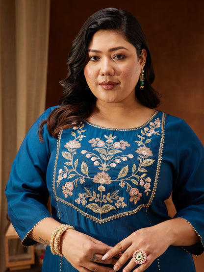 Janasya Women's Plus Size Teal Chanderi Silk Embroidered Straight Kurta Set