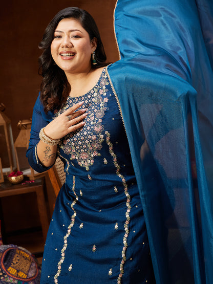 Janasya Women's Plus Size Teal Blue Silk Blend Zari Embroidered Straight Kurta Set