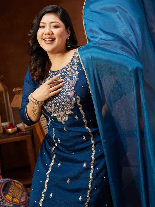 Janasya Women's Plus Size Teal Blue Silk Blend Zari Embroidered Straight Kurta Set