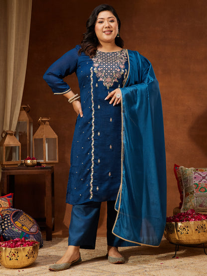 Janasya Women's Plus Size Teal Blue Silk Blend Zari Embroidered Straight Kurta Set