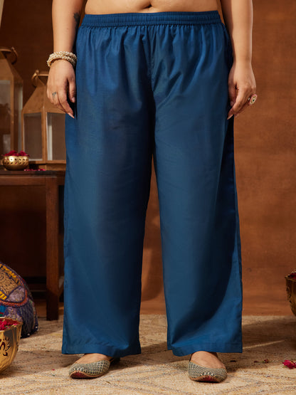 Janasya Women's Plus Size Teal Blue Silk Blend Zari Embroidered Straight Kurta Set