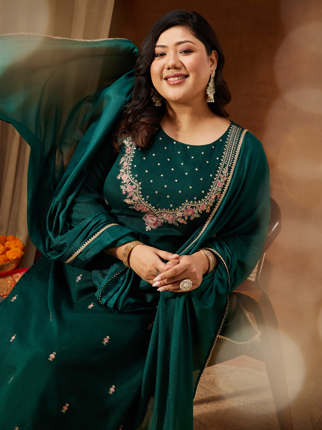 Janasya Women's Plus Size Bottle Green Silk Blend Zari Embroidered Straight Kurta Set