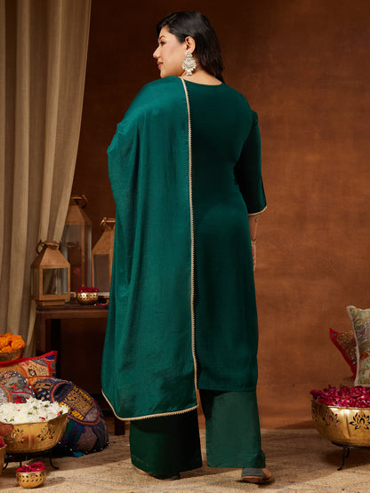 Janasya Women's Plus Size Bottle Green Silk Blend Zari Embroidered Straight Kurta Set