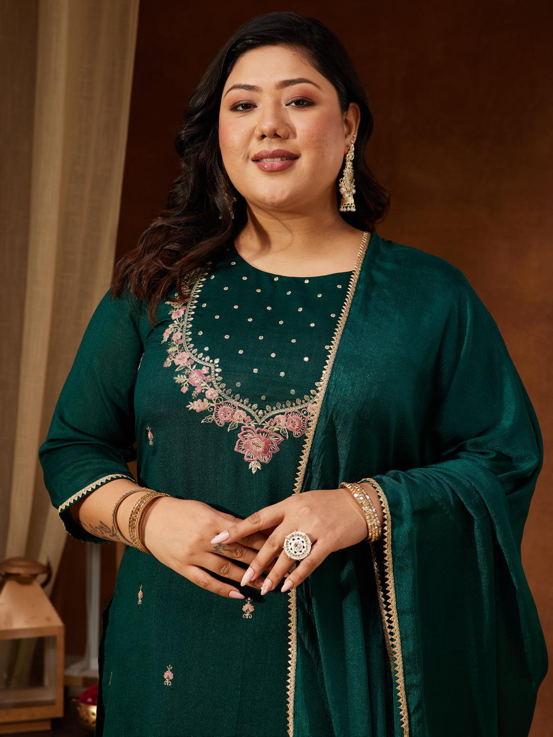 Janasya Women's Plus Size Bottle Green Silk Blend Zari Embroidered Straight Kurta Set