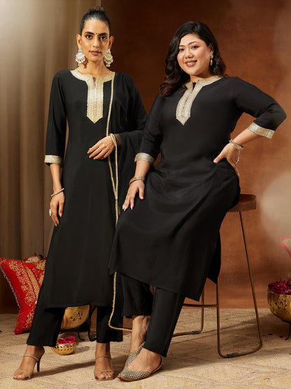 Janasya Women's Plus Size Black Chanderi Silk Embellished Yoke Design Straight Kurta Pant Set