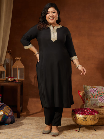 Janasya Women's Plus Size Black Chanderi Silk Embellished Yoke Design Straight Kurta Pant Set