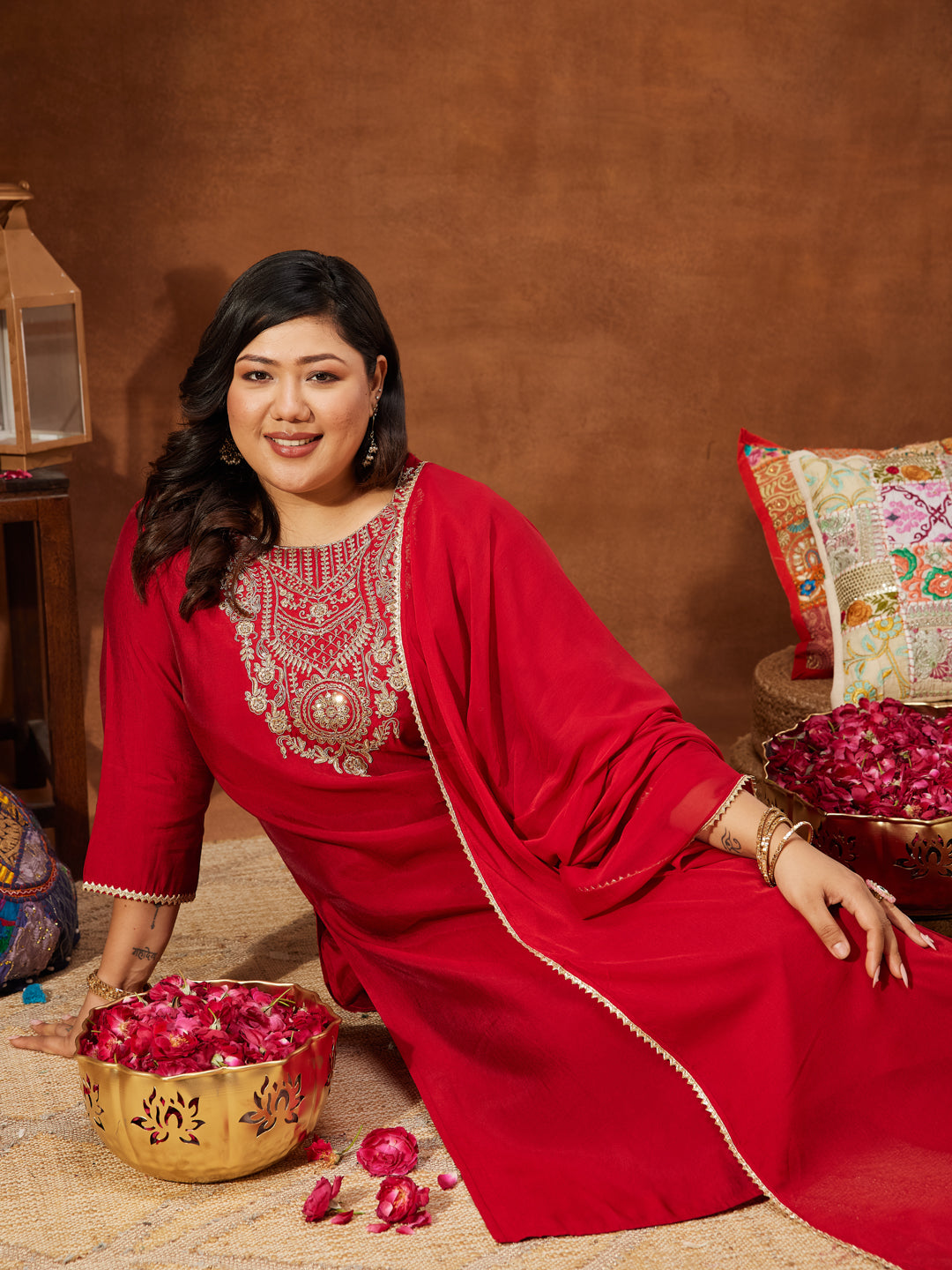 Janasya Women's Plus Size Maroon Chanderi Silk Yoke Embroidered Straight Kurta Set