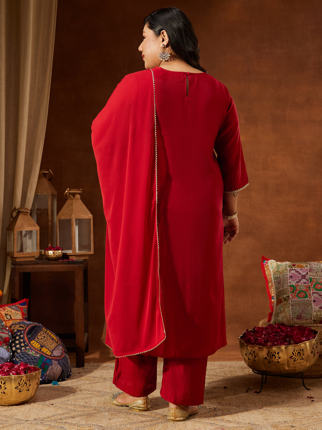 Janasya Women's Plus Size Maroon Chanderi Silk Yoke Embroidered Straight Kurta Set