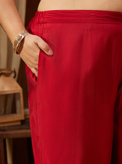 Janasya Women's Plus Size Maroon Chanderi Silk Yoke Embroidered Straight Kurta Set