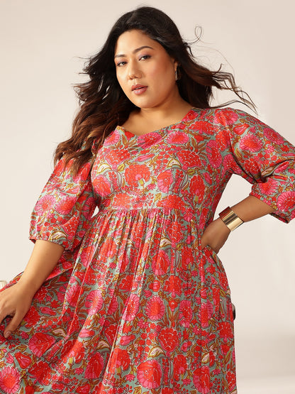Plus Size Pink Pure Cotton Floral Printed Flared Dress