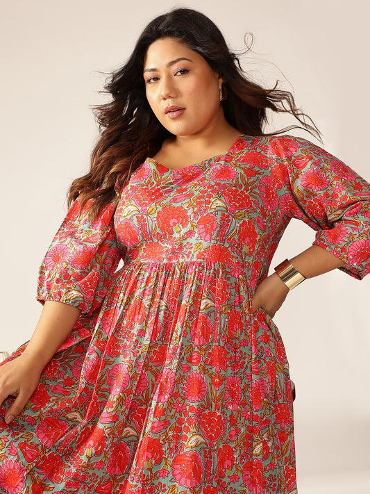 Plus Size Pink Pure Cotton Floral Printed Flared Dress