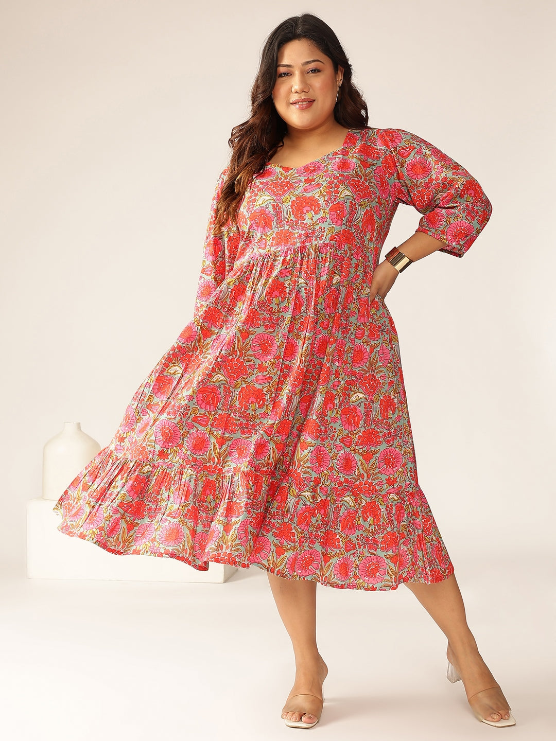 Plus Size Pink Pure Cotton Floral Printed Flared Dress