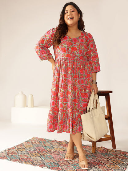 Plus Size Pink Pure Cotton Floral Printed Flared Dress