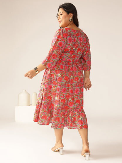 Plus Size Pink Pure Cotton Floral Printed Flared Dress