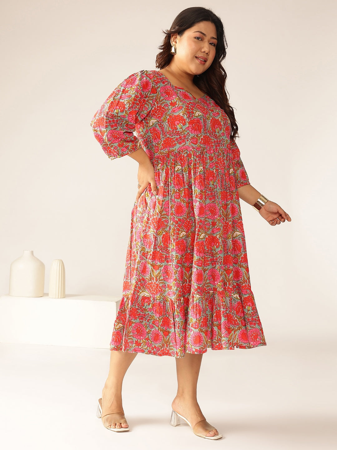 Plus Size Pink Pure Cotton Floral Printed Flared Dress