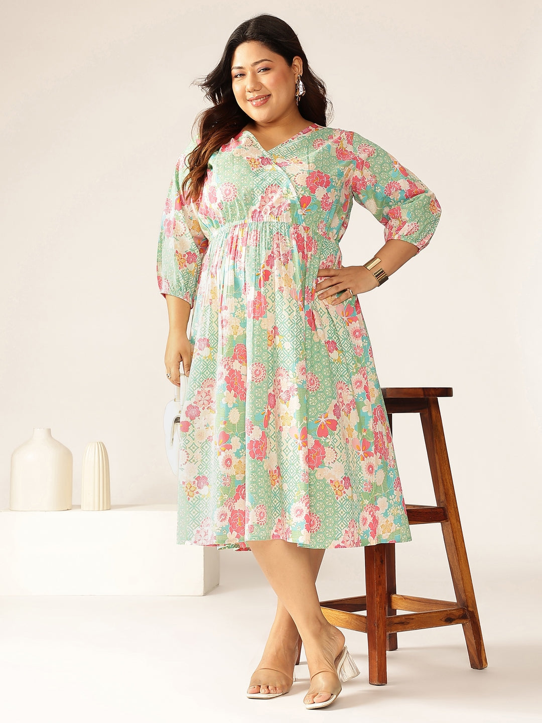 Plus Size Sage Pure Cotton Floral Printed A-line Dress