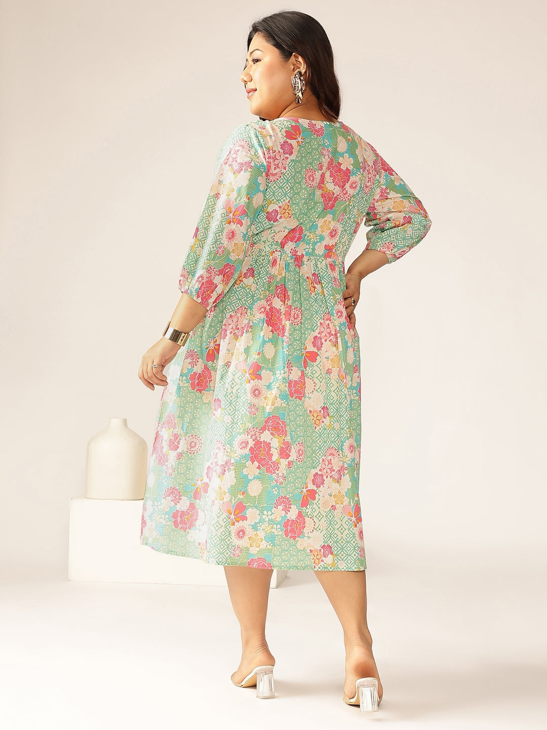 Plus Size Sage Pure Cotton Floral Printed A-line Dress