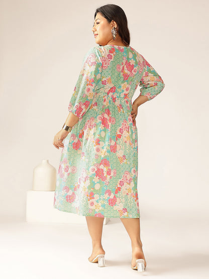Plus Size Sage Pure Cotton Floral Printed A-line Dress
