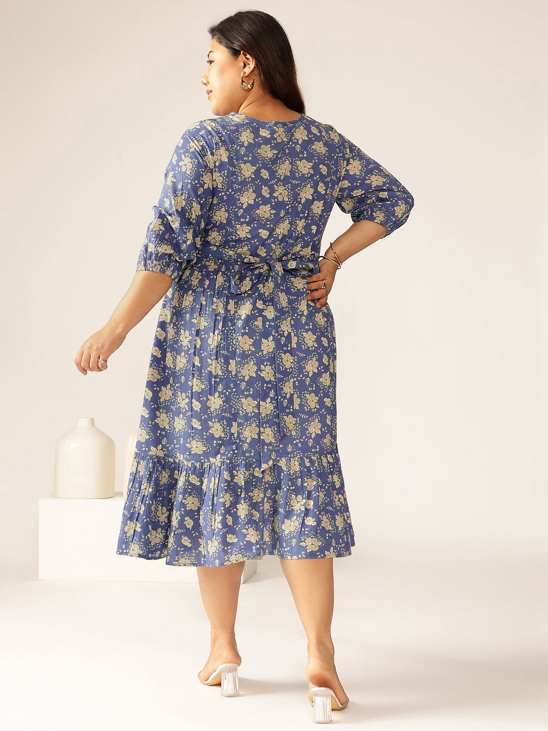 Plus Size Blue Pure Cotton Floral Printed Fit & Flare Dress