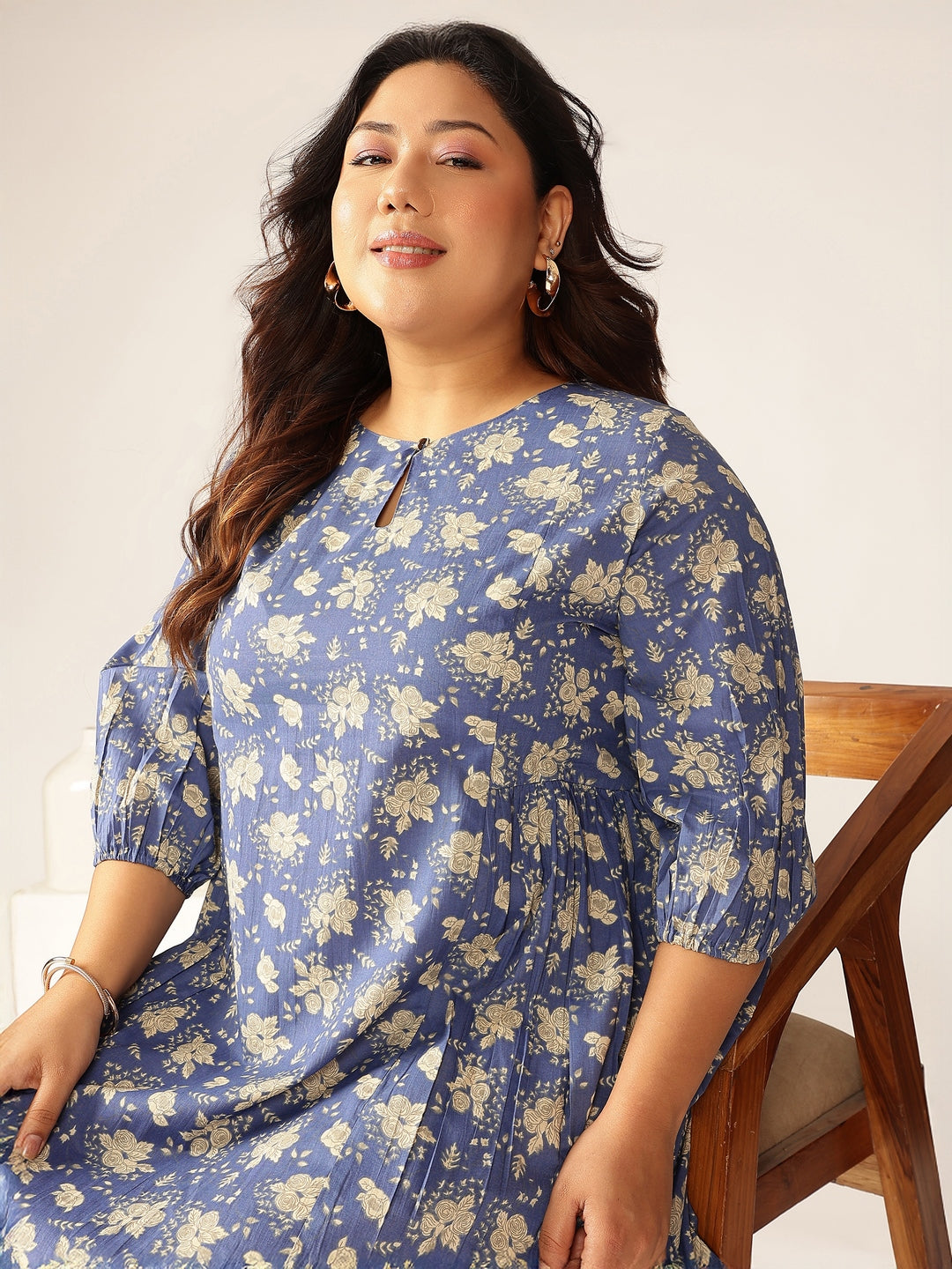 Plus Size Blue Pure Cotton Floral Printed Fit & Flare Dress