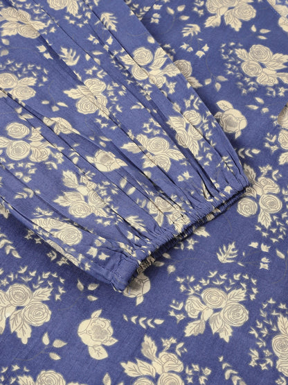 Plus Size Blue Pure Cotton Floral Printed Fit & Flare Dress