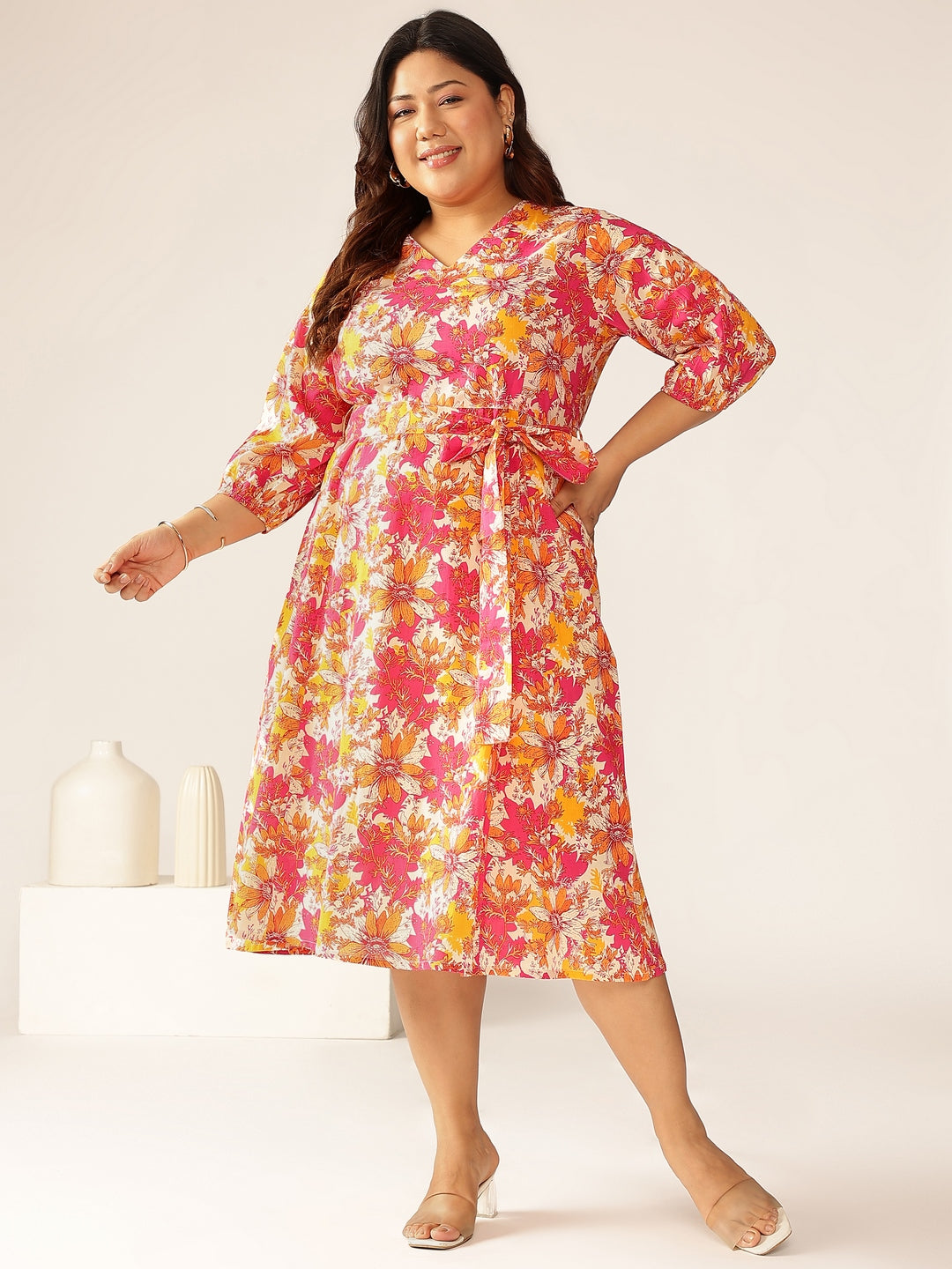 Plus Size Multicolor Pure Cotton Floral Printed A-line Dress
