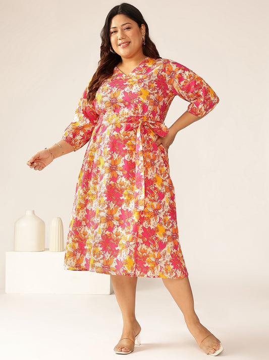 Plus Size Multicolor Pure Cotton Floral Printed A-line Dress
