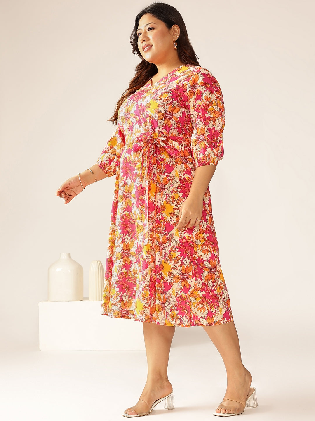 Plus Size Multicolor Pure Cotton Floral Printed A-line Dress