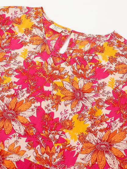 Plus Size Multicolor Pure Cotton Floral Printed A-line Dress