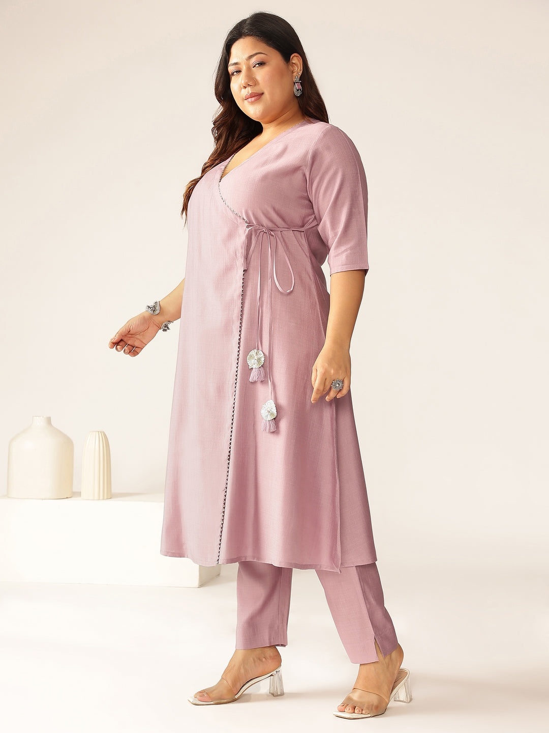 Plus Size Lavender Silk Blend Solid Angrakha Kurta Set