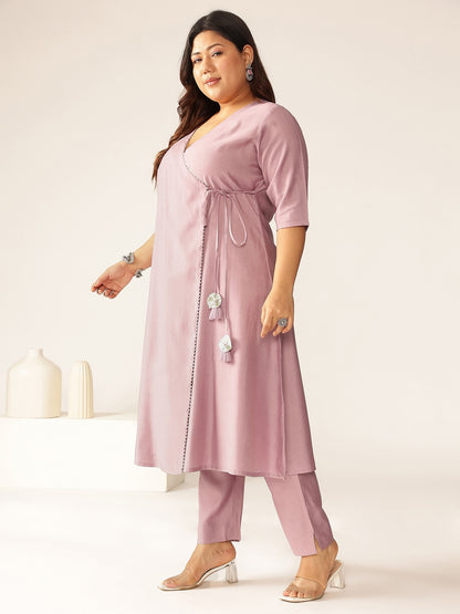 Plus Size Lavender Silk Blend Solid Angrakha Kurta Set