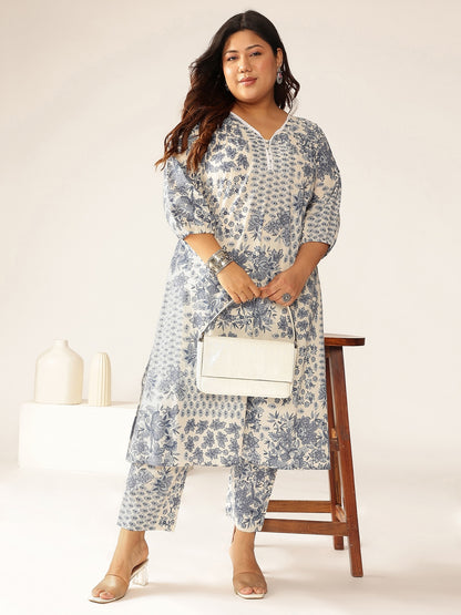Plus Size Off White Pure Cotton Floral Printed A-line Kurta Set