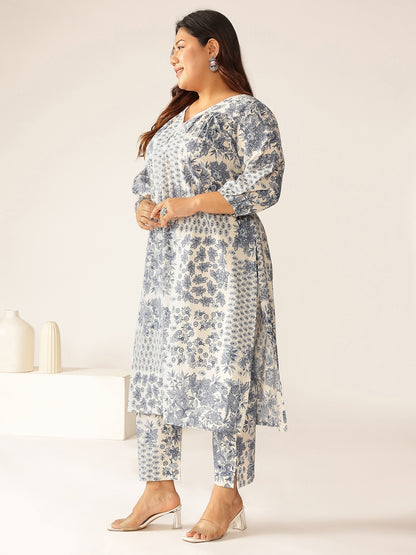 Plus Size Off White Pure Cotton Floral Printed A-line Kurta Set