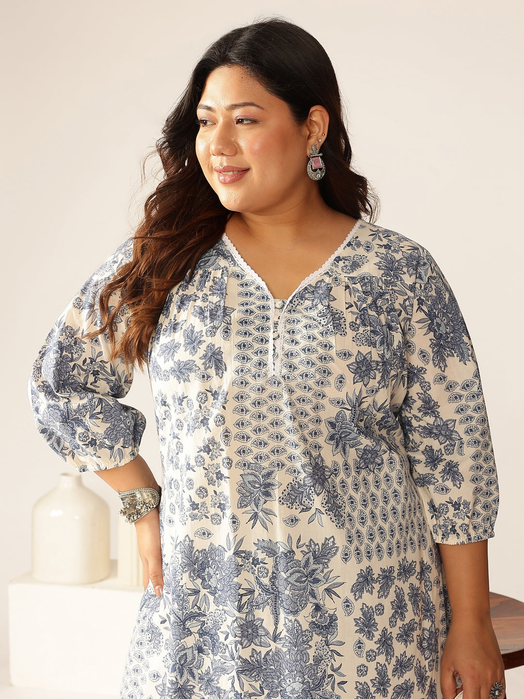 Plus Size Off White Pure Cotton Floral Printed A-line Kurta Set