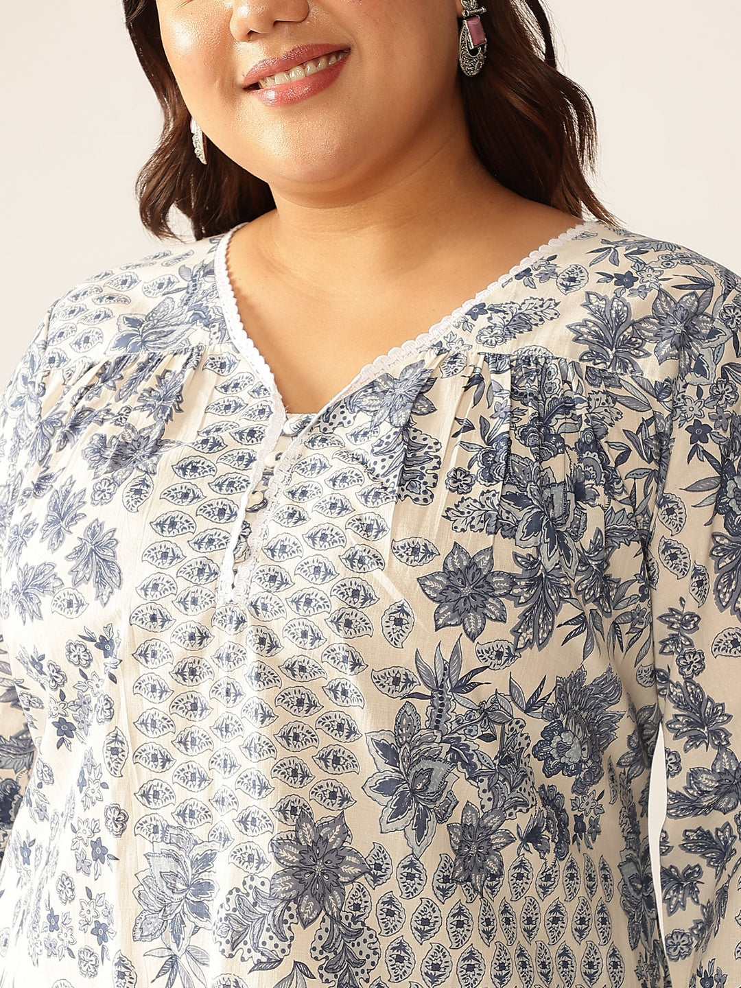 Plus Size Off White Pure Cotton Floral Printed A-line Kurta Set