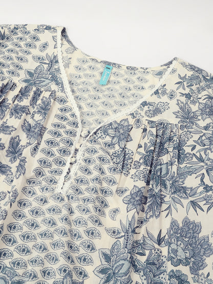 Plus Size Off White Pure Cotton Floral Printed A-line Kurta Set