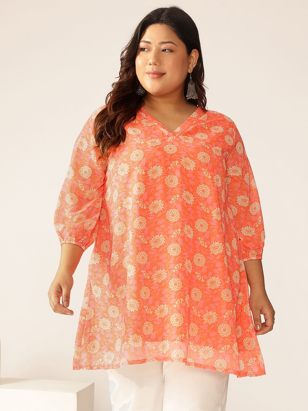 Plus Size Peach Georgette Floral Printed A-line Tunic