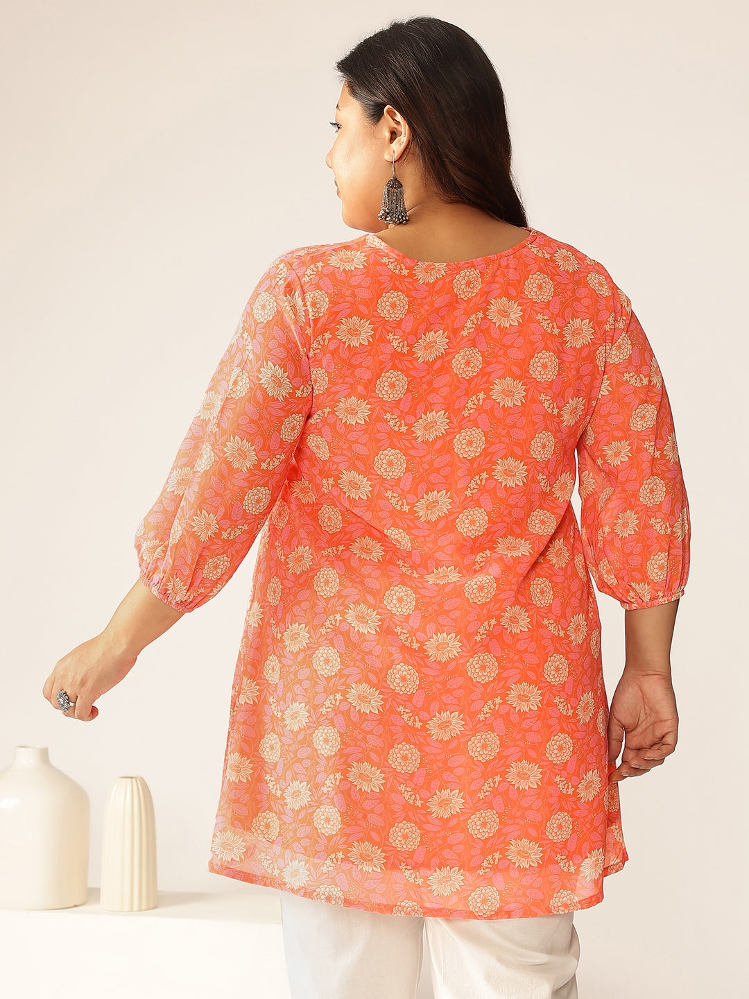 Plus Size Peach Georgette Floral Printed A-line Tunic