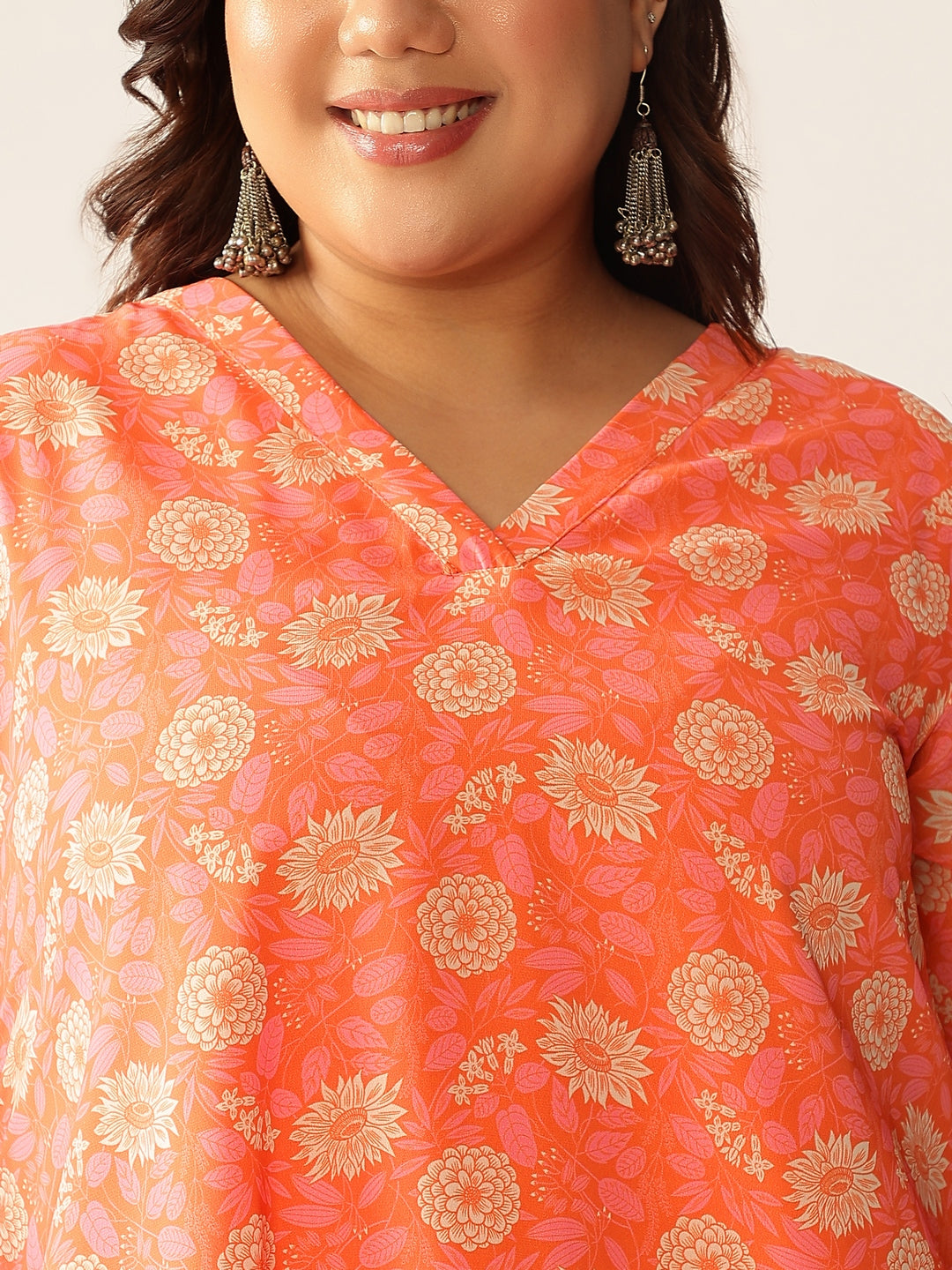 Plus Size Peach Georgette Floral Printed A-line Tunic