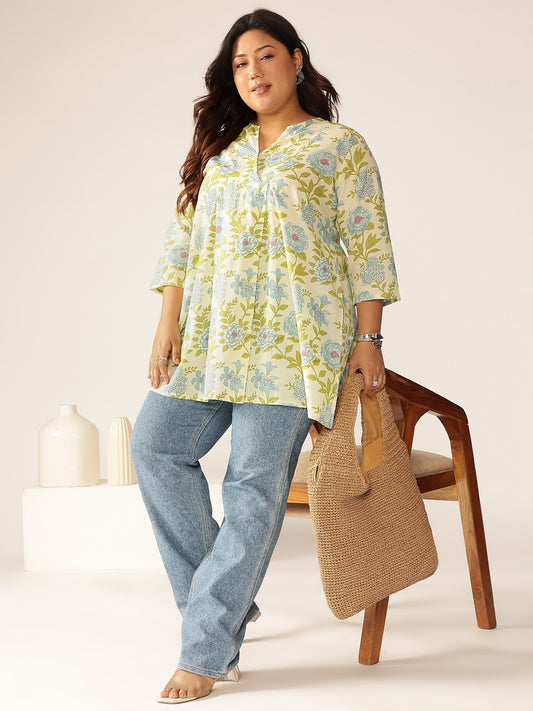 Plus Size Off White Pure Cotton Floral Printed A-line Tunic