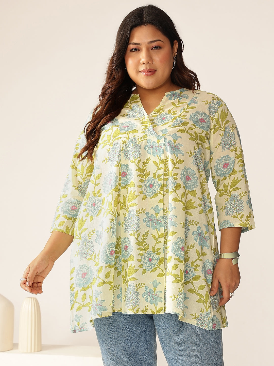Plus Size Off White Pure Cotton Floral Printed A-line Tunic
