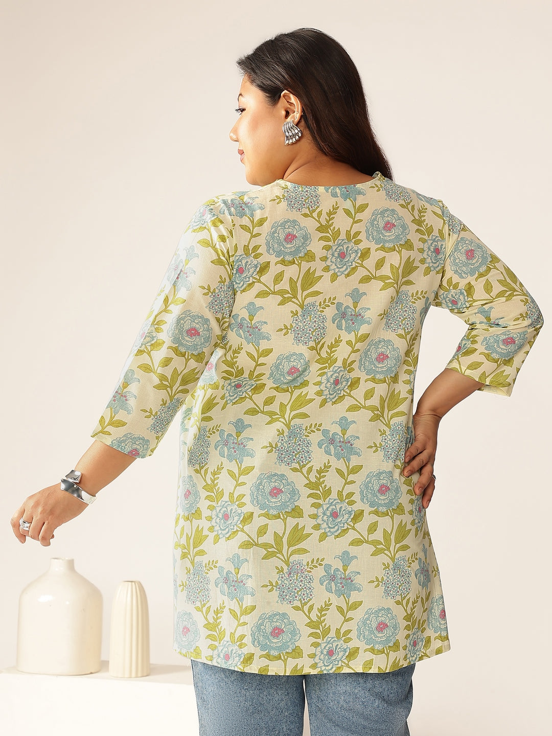 Plus Size Off White Pure Cotton Floral Printed A-line Tunic