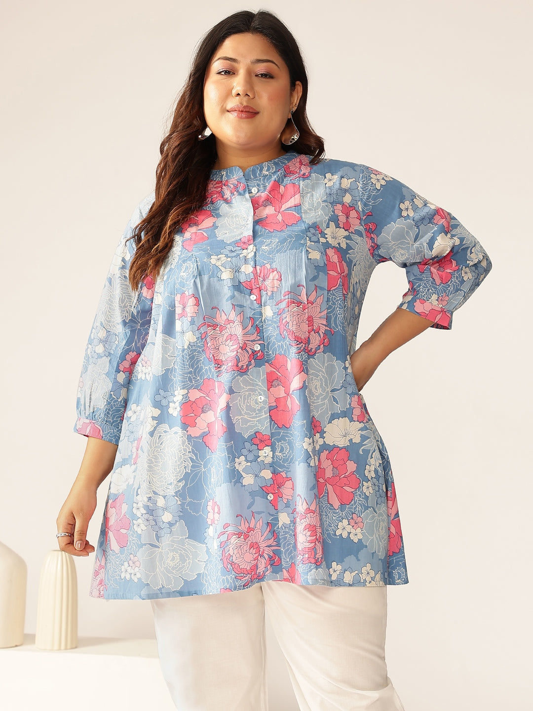 Plus Size Blue Pure Cotton Floral Printed A-line Tunic