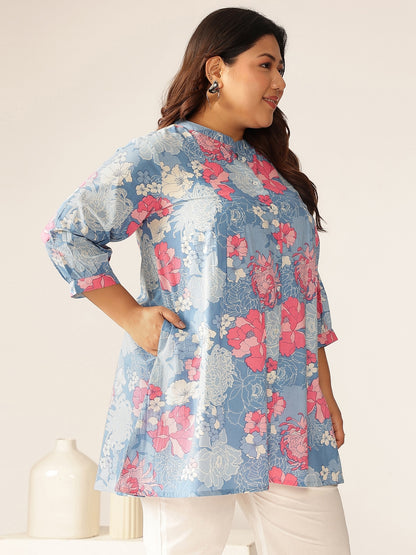 Plus Size Blue Pure Cotton Floral Printed A-line Tunic