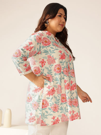 Plus Size Off White Pure Cotton Floral A-line Tunic