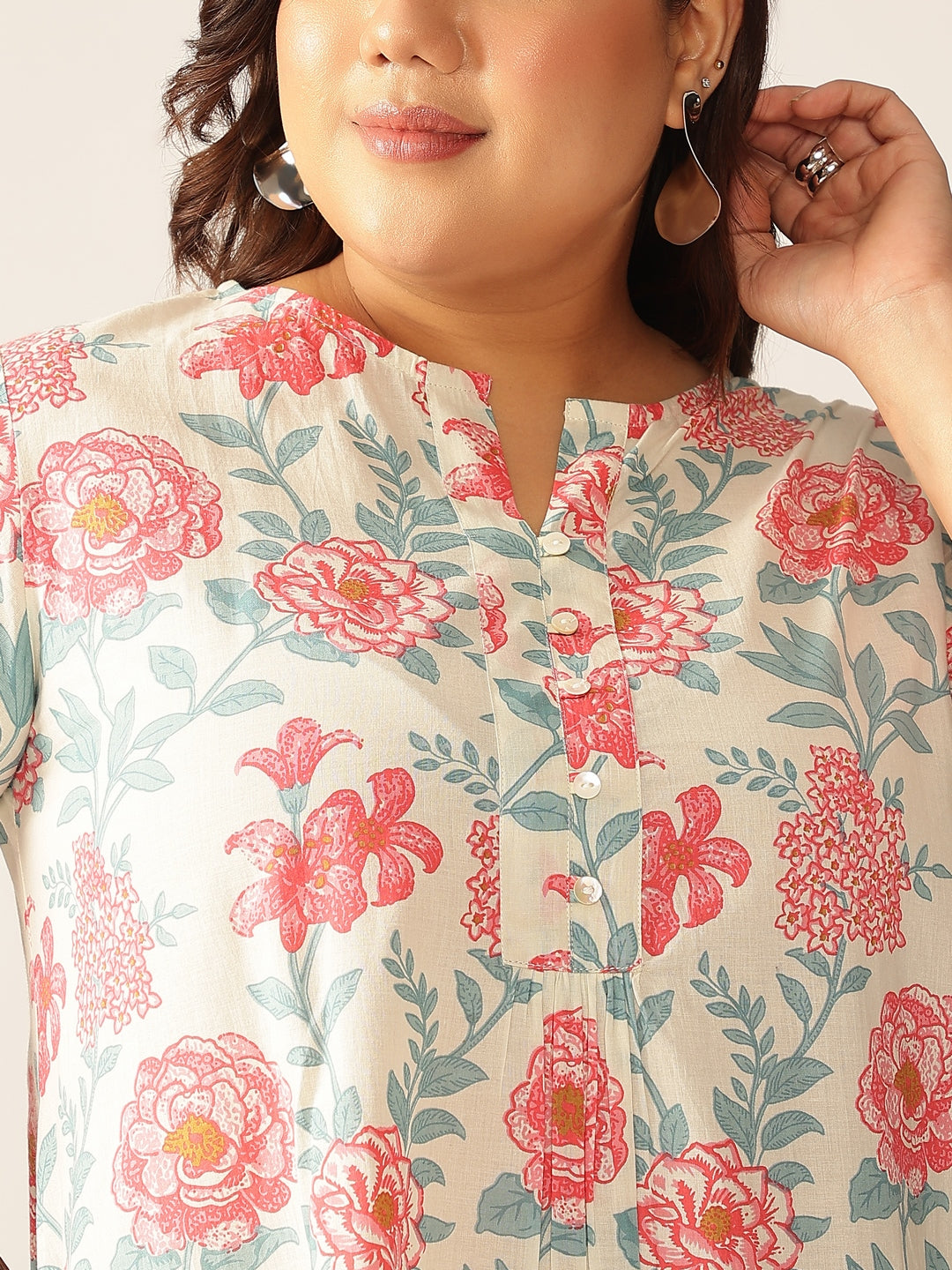 Plus Size Off White Pure Cotton Floral A-line Tunic