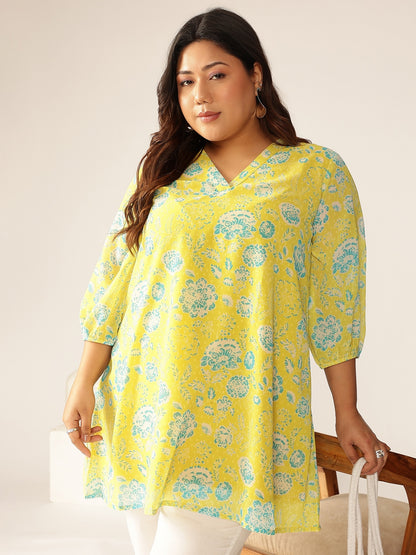 Plus Size Lime Yellow Georgette Floral Printed A-line Tunic