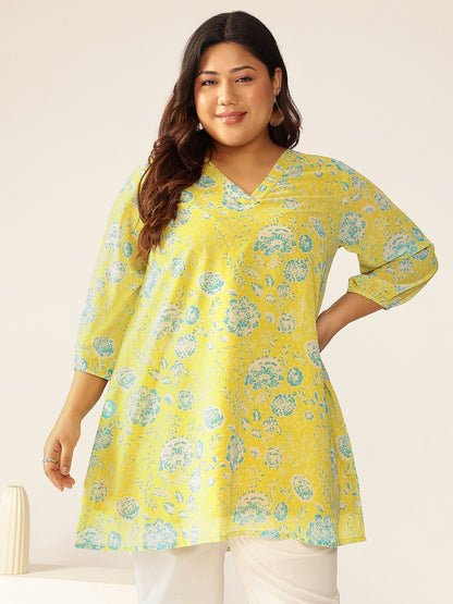 Plus Size Lime Yellow Georgette Floral Printed A-line Tunic
