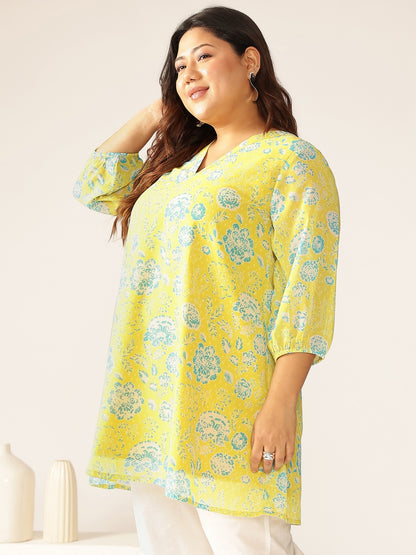 Plus Size Lime Yellow Georgette Floral Printed A-line Tunic